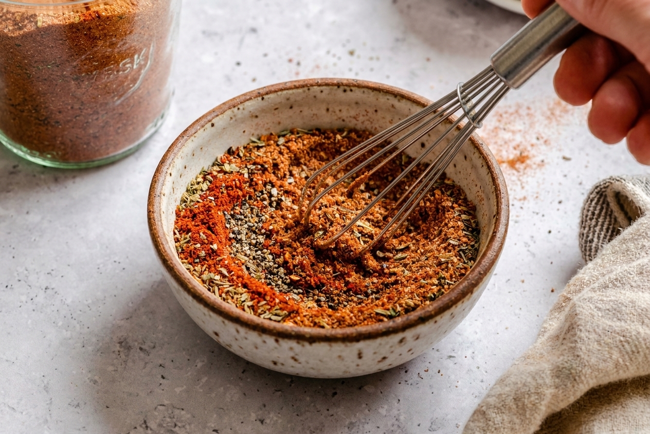A small ceramic bowl with Cajun seasoning being whisked together, showing red paprika and specks of herbs and pepper