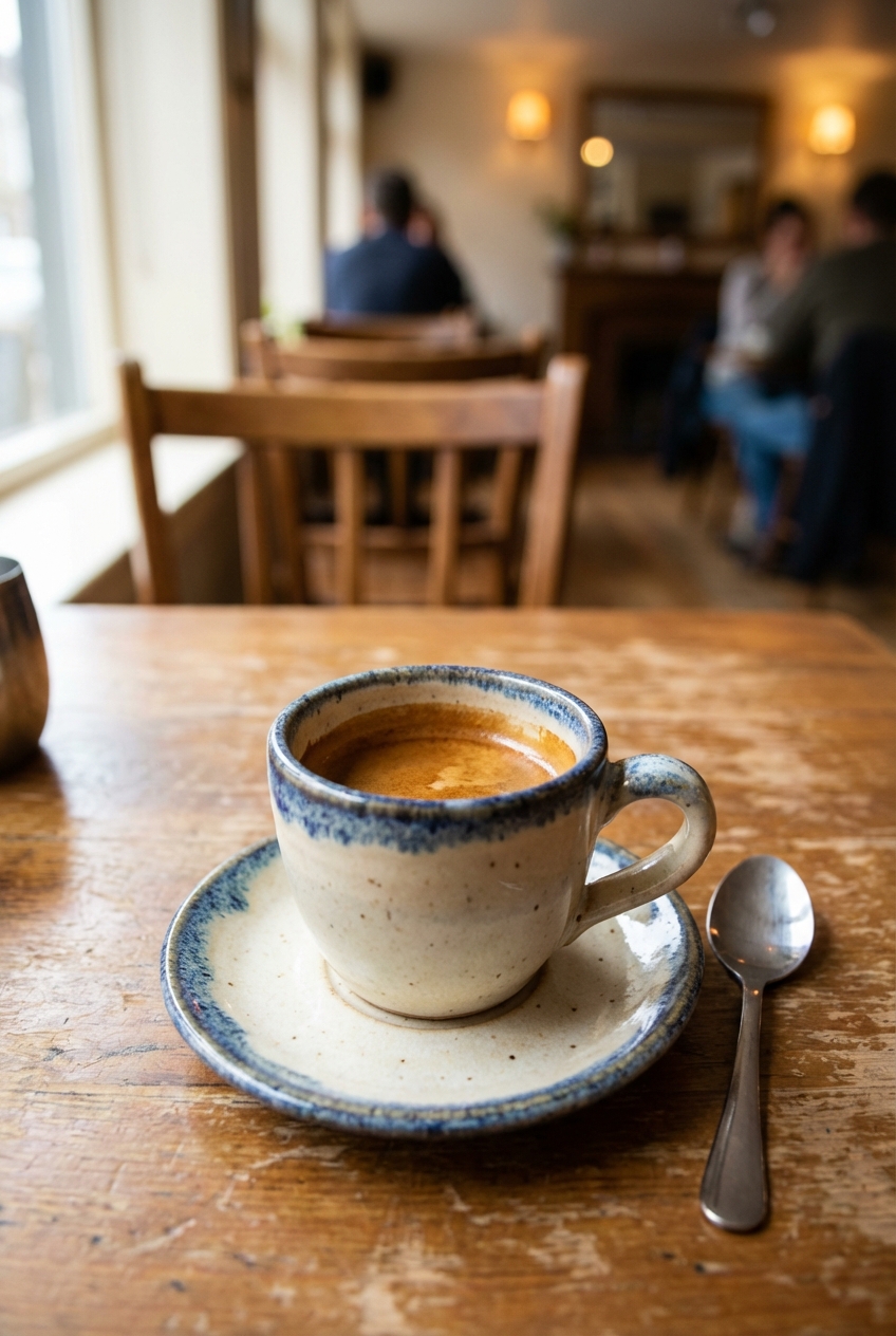 A small ceramic cup of espresso on a saucer with a spoon beside it on a cafe table