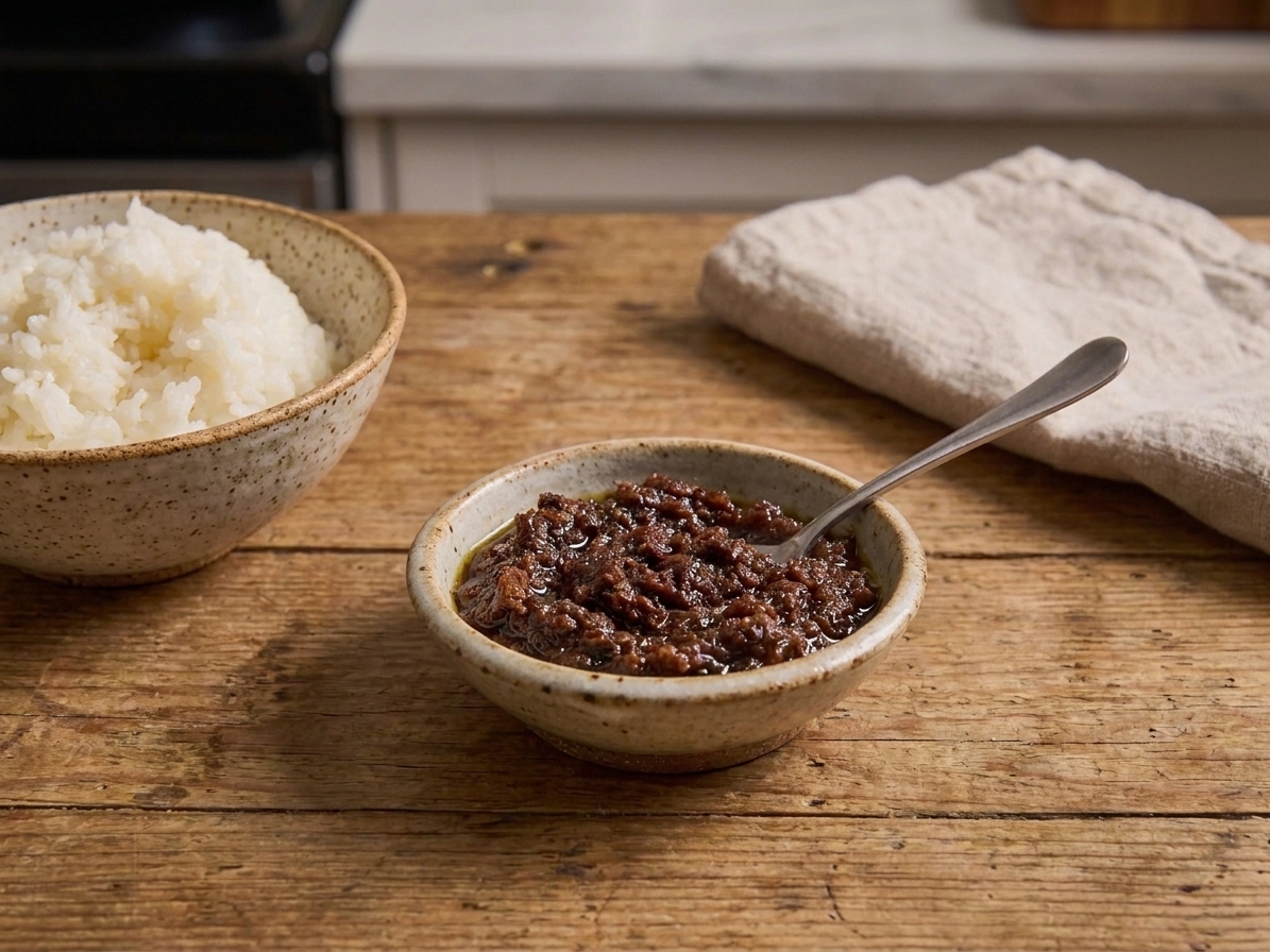 A small ceramic dish filled with bagoong alamang shrimp paste on a wooden table next to a bowl of rice
