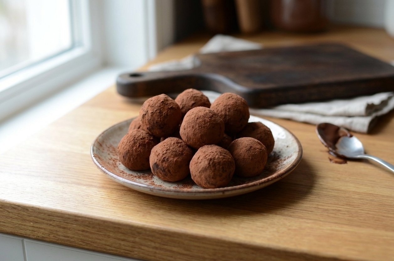 A small ceramic plate piled with cocoa-dusted chocolate truffles on a warm kitchen counter with soft natural window light