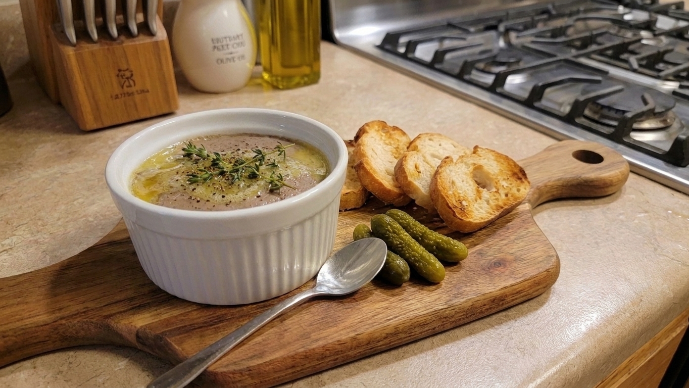A small ceramic ramekin filled with smooth chicken liver pâté topped with melted butter, served on a wooden board with toasted baguette slices and cornichons on a kitchen table