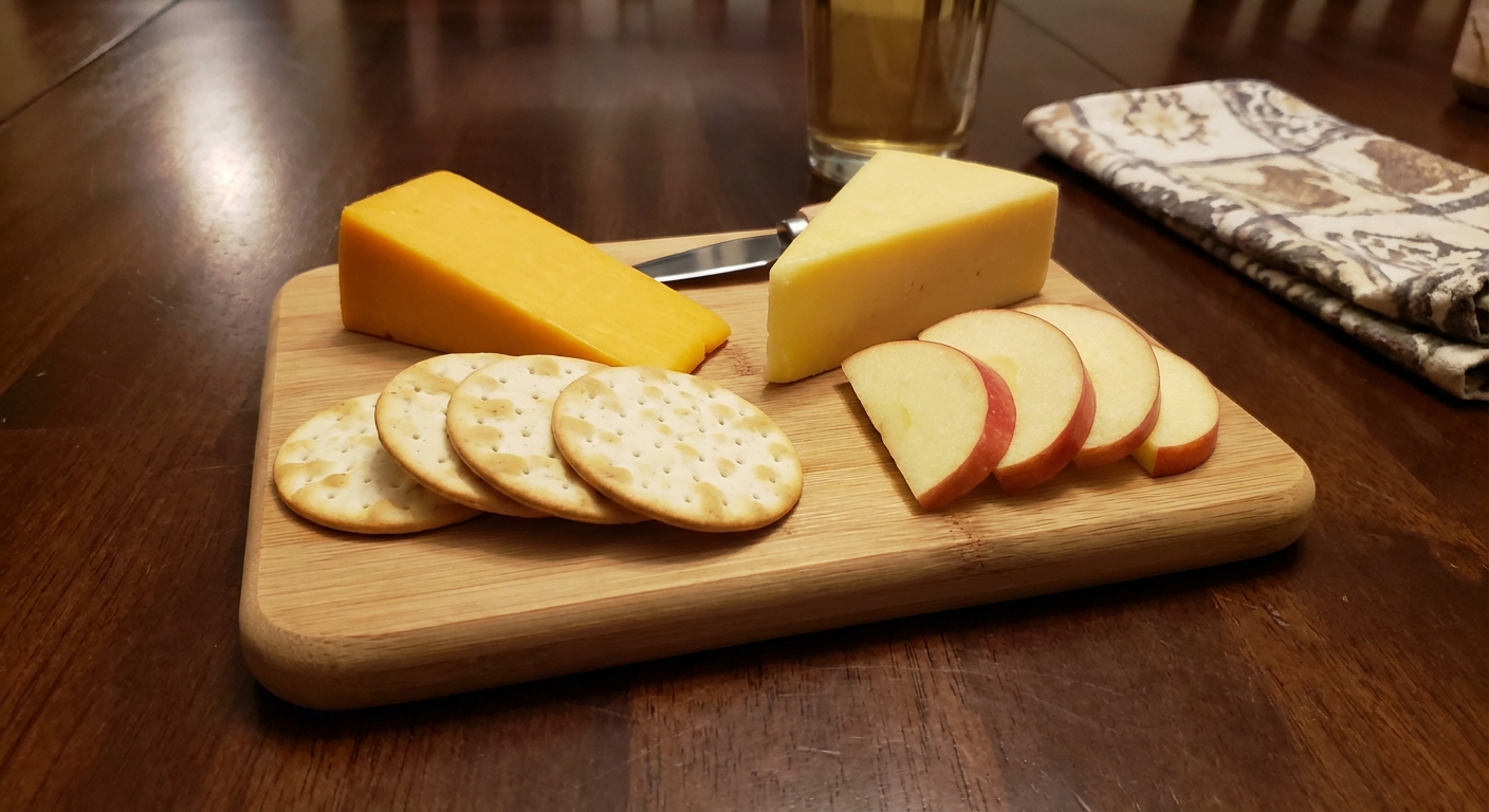 A small cheese board with cheddar, crackers, and sliced apples