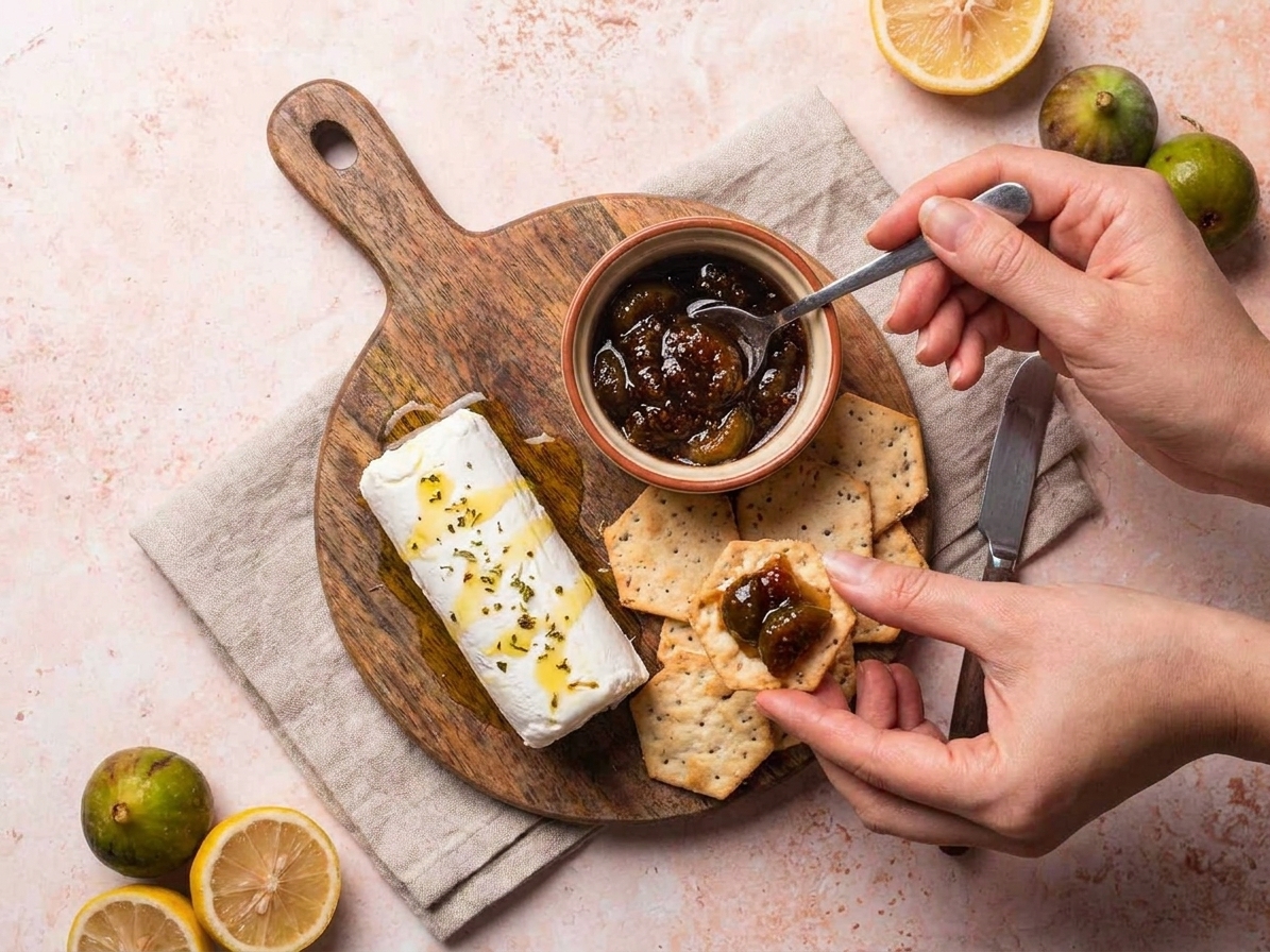 A small cheese board with goat cheese, crackers, and a spoonful of fig preserves in a ramekin on a dining table