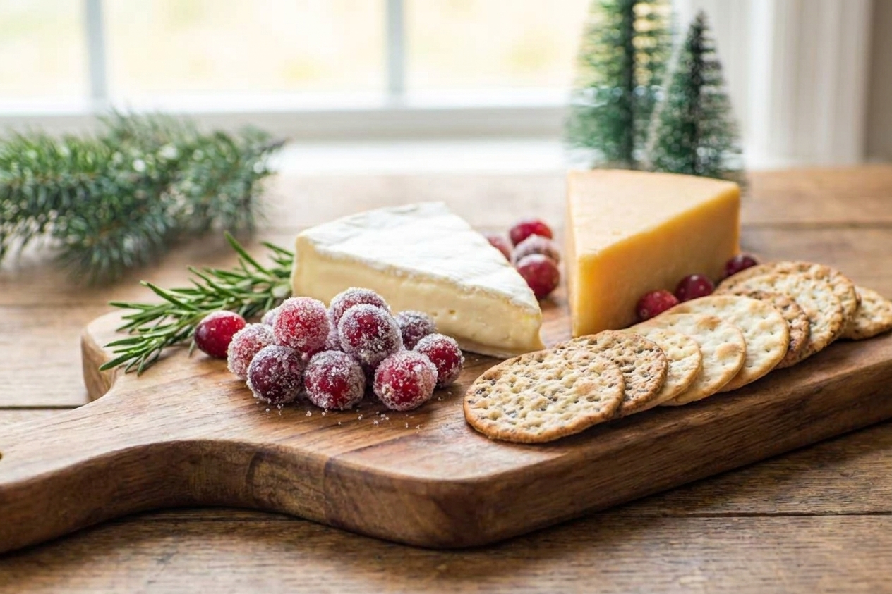 A small cluster of sugar-coated candied cranberries nestled on a cheese board with sliced cheese and crackers