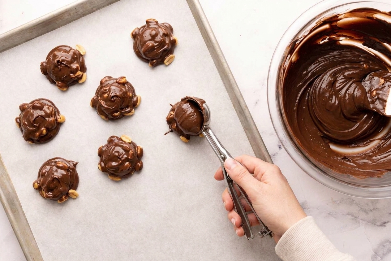 A small cookie scoop portioning chocolate peanut mixture into mounds on a parchment-lined baking sheet