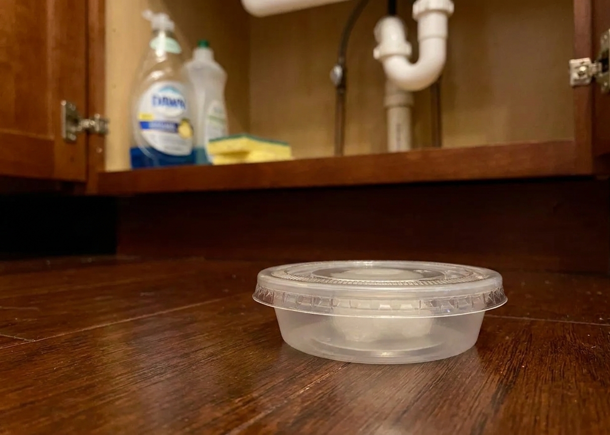 A small covered bait station placed on the cabinet floor under a kitchen sink.