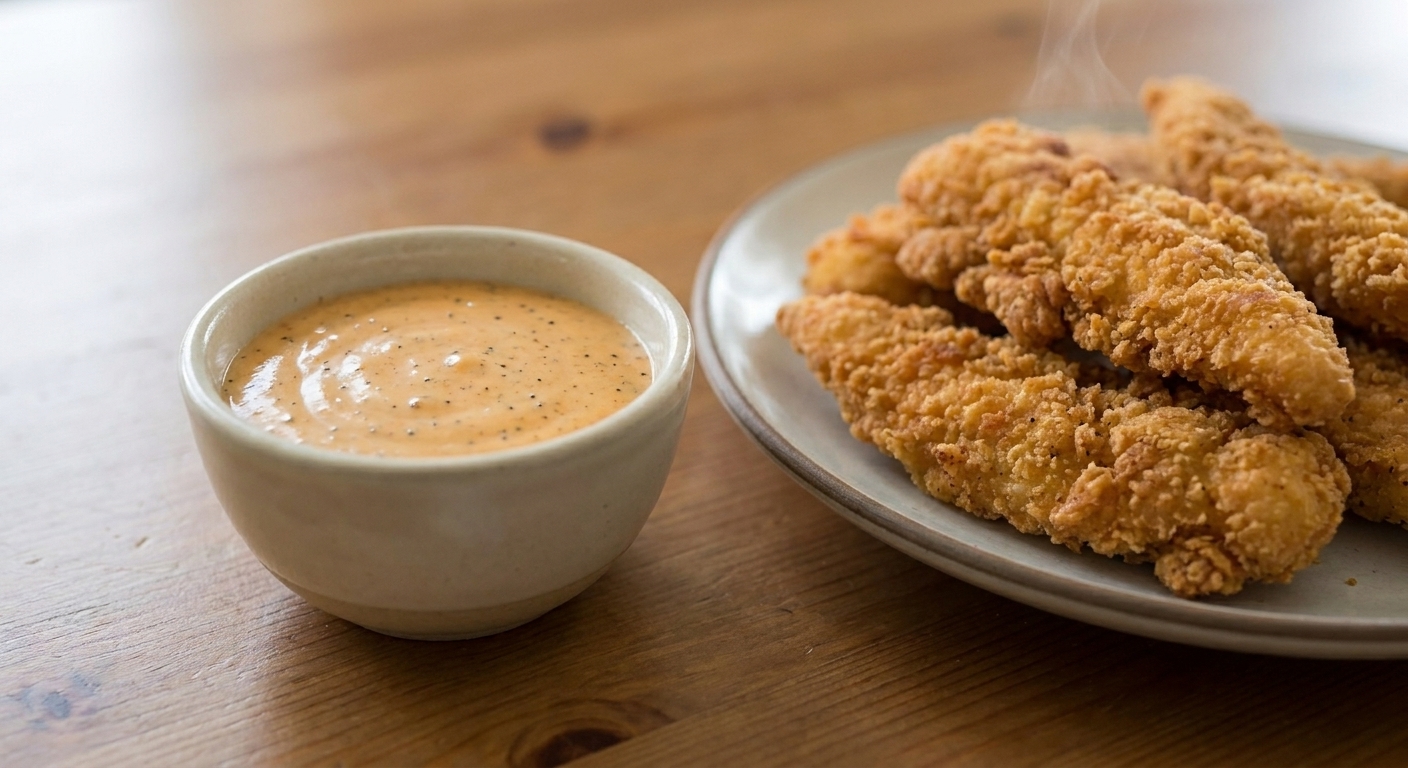 A small cup of creamy orange-tinted dipping sauce with visible black pepper specks on a wooden table beside crispy chicken fingers