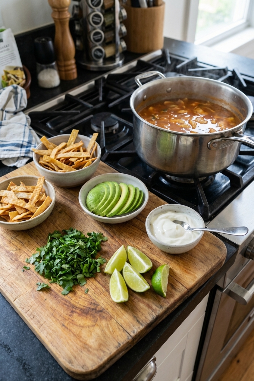 A small cutting board with bowls of tortilla strips, sliced avocado, chopped cilantro, lime wedges, and a bowl of sour cream set beside a pot of soup on a stovetop, photorealistic kitchen prep scene