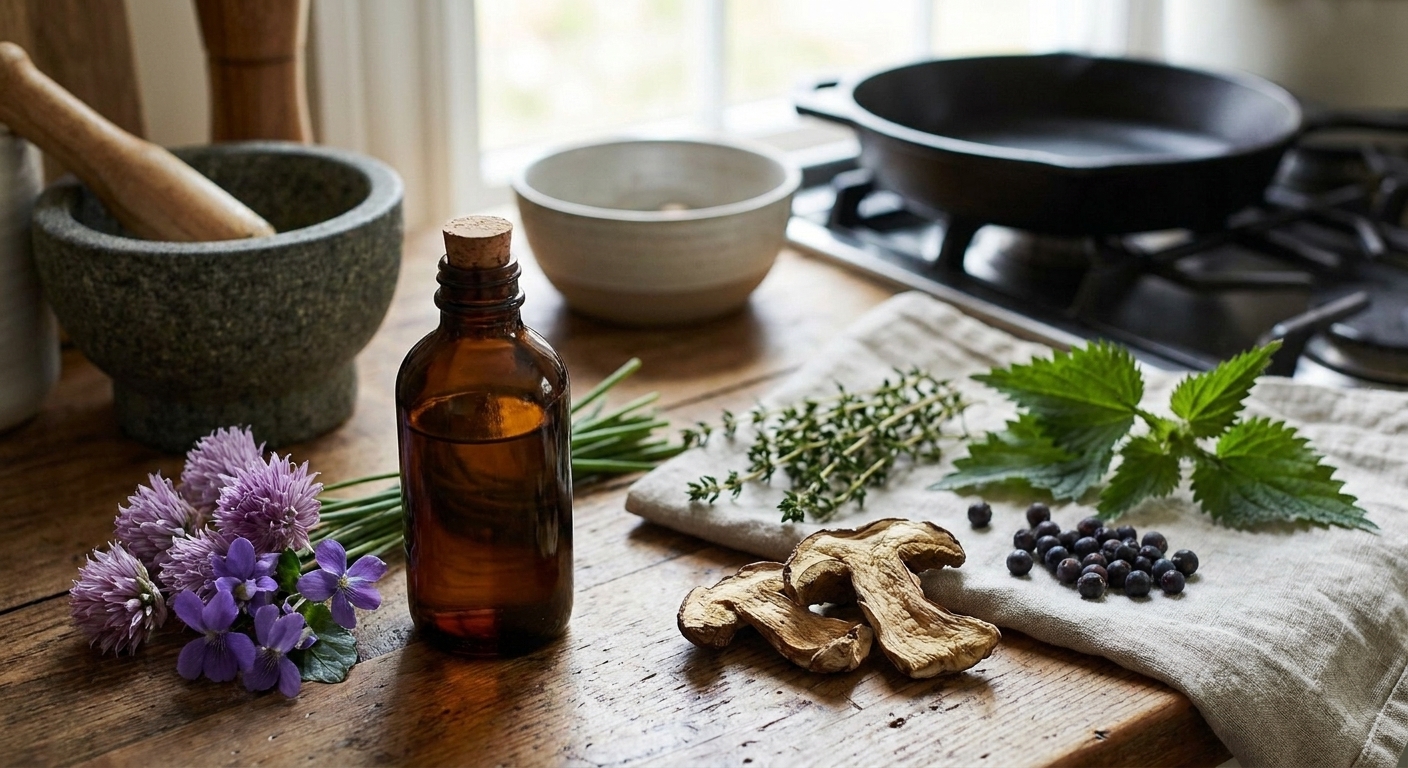 A small dark glass bottle with a cork beside purple flowers and foraged ingredients on a wooden counter