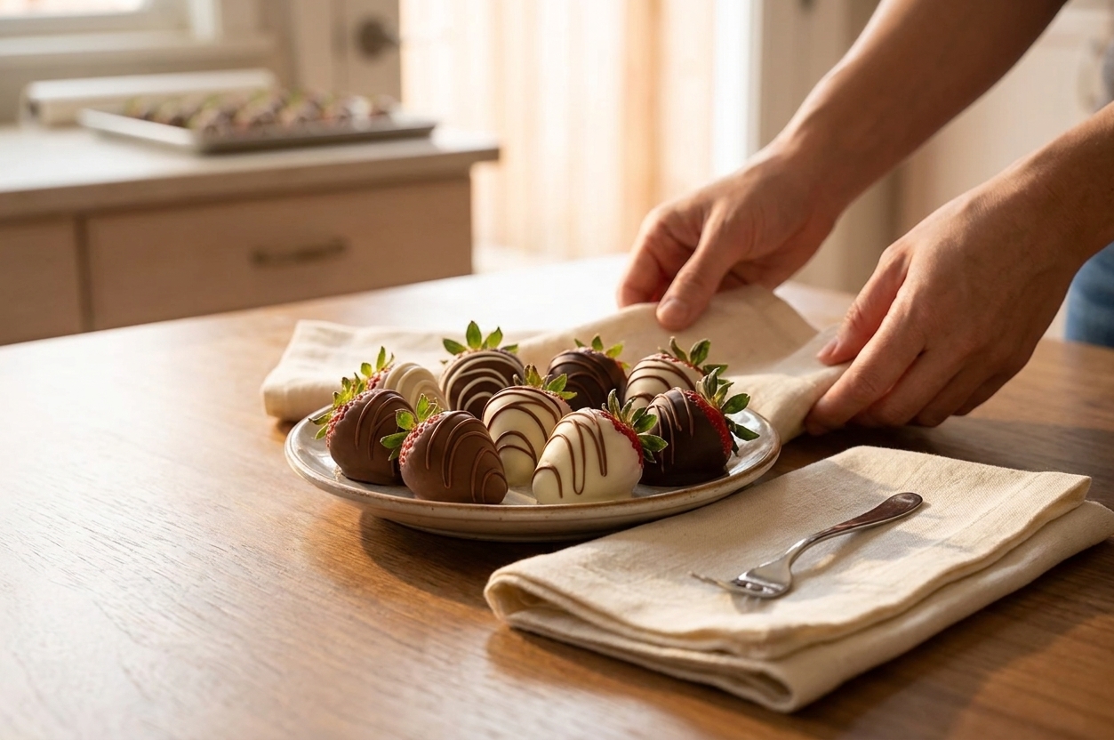 A small dessert plate of chocolate covered strawberries set on a dining table with simple napkins and warm natural light