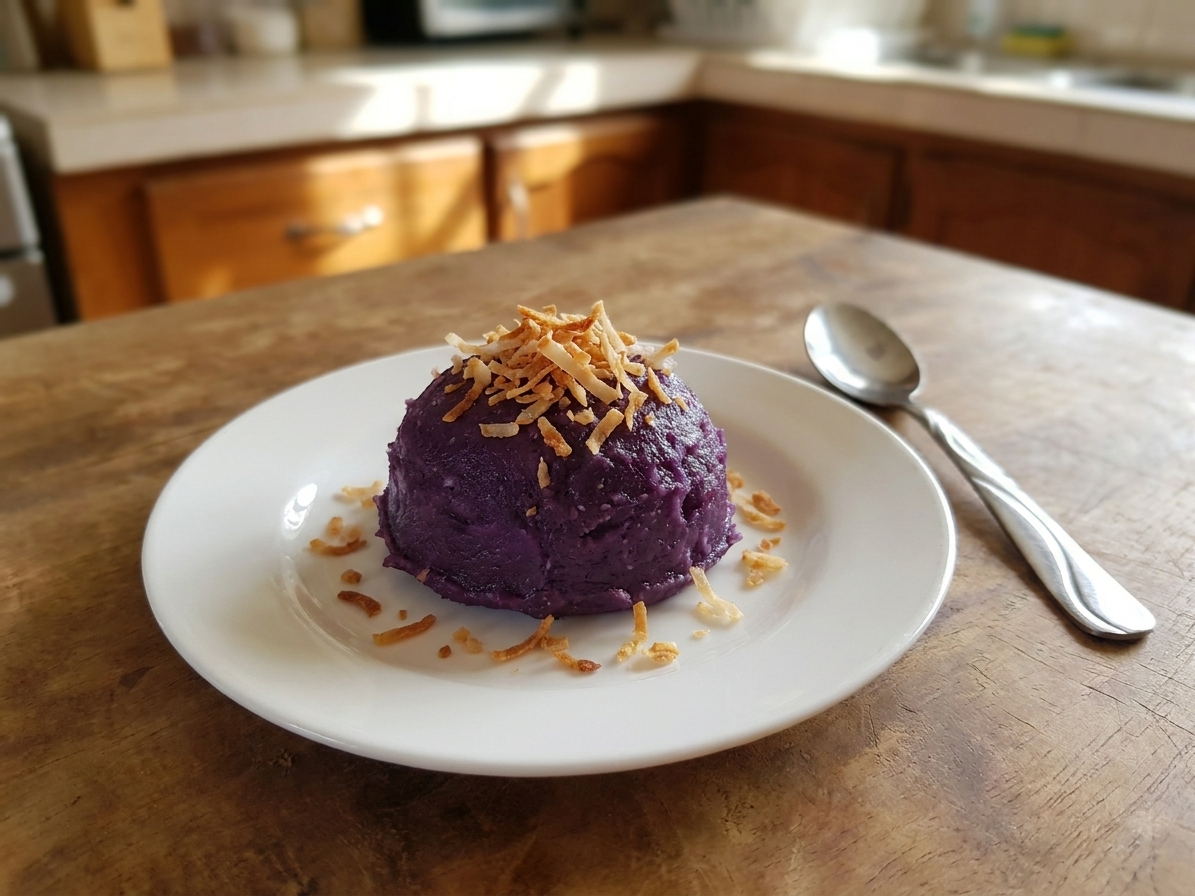 A small dessert plate with a neat scoop of ube halaya topped with toasted coconut flakes, with a spoon resting beside it on a wooden table