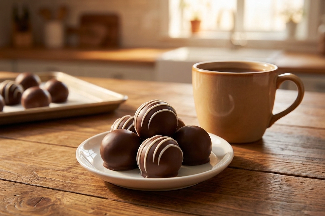 A small dessert plate with several Oreo chocolate truffles, some drizzled with white chocolate, set beside a mug on a warmly lit kitchen table