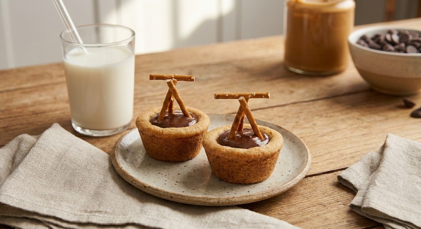 A small dessert plate with two cookie cups beside a glass of milk on a cozy kitchen table with soft natural light