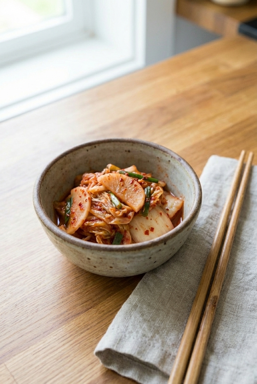 A small dish of kimchi beside a pair of chopsticks on a napkin
