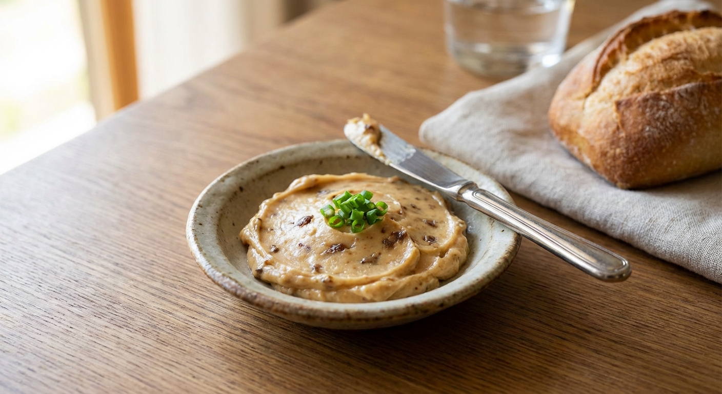 A small dish of miso butter with a butter knife