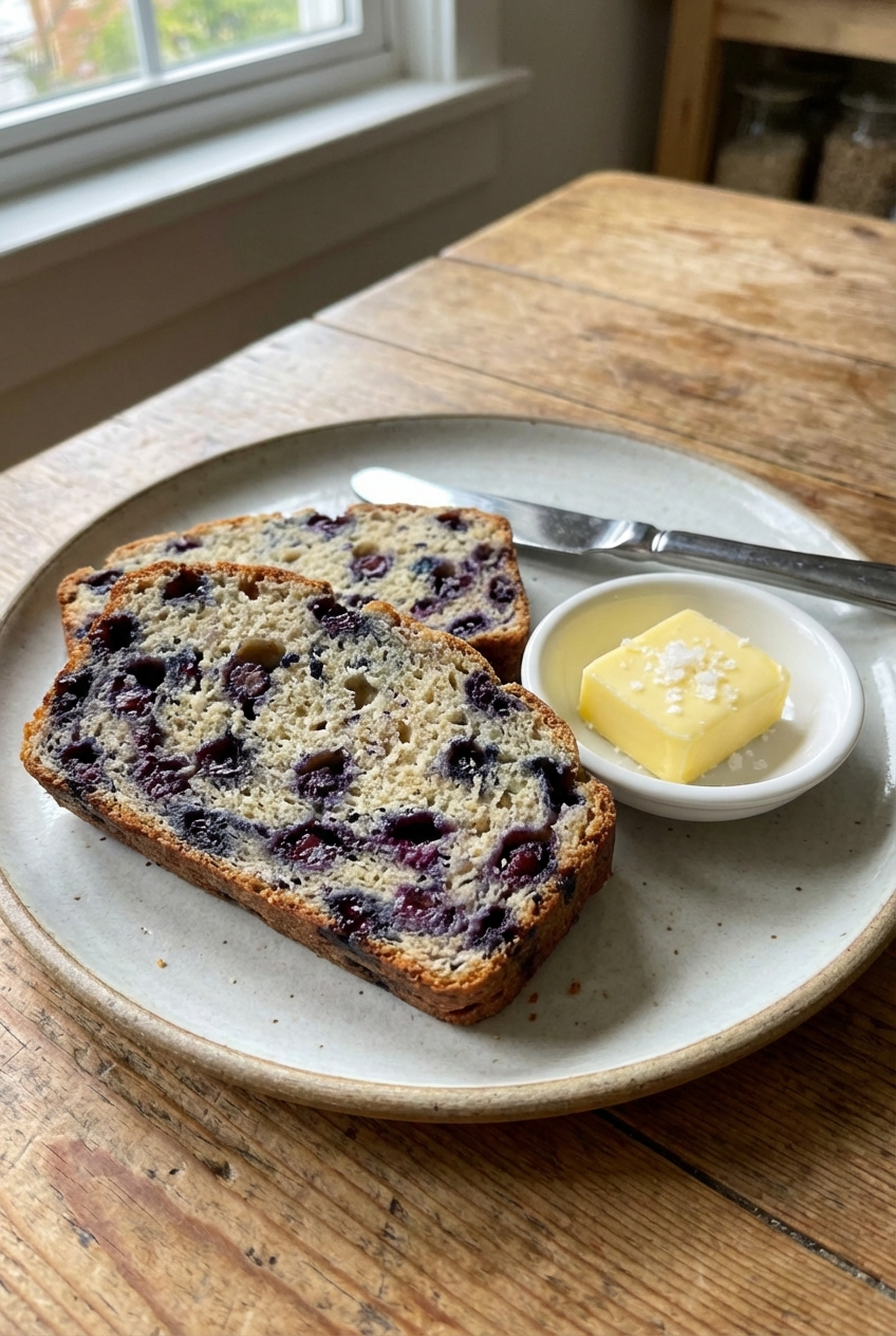 A small dish of salted butter next to sliced blueberry bread on a plate
