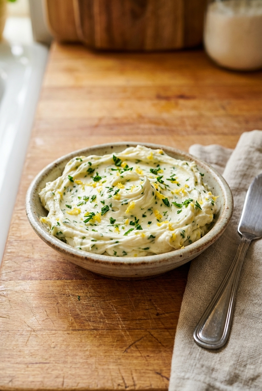 A small dish of whipped herb butter with chopped parsley and lemon zest