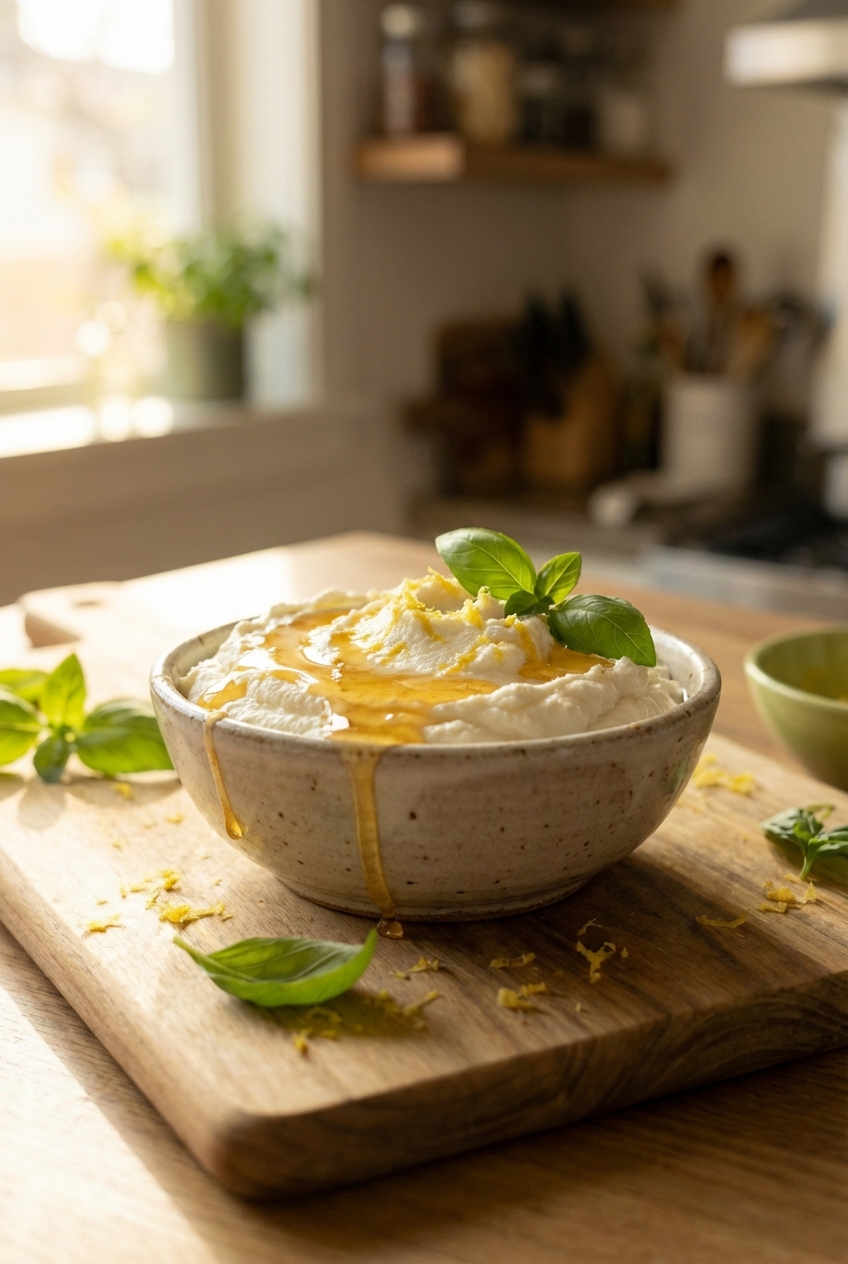 A small dish of whipped ricotta with honey drizzled on top