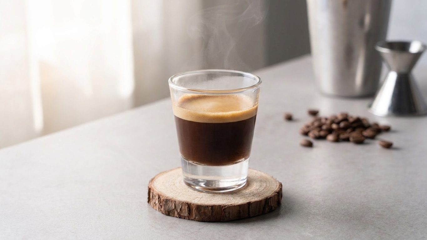 A small espresso shot glass with freshly pulled espresso resting on the counter to cool