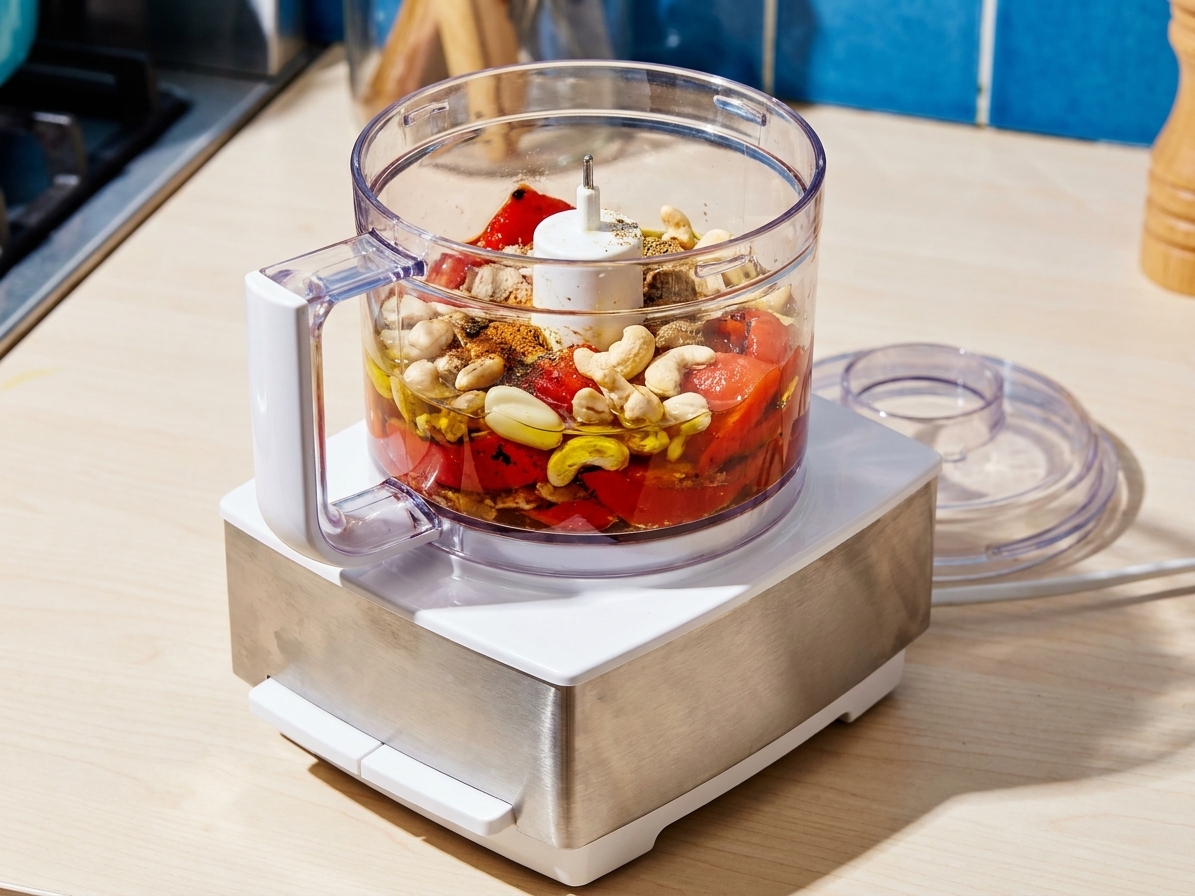 A small food processor on a bright kitchen counter with the lid off, ready for blending a creamy sauce