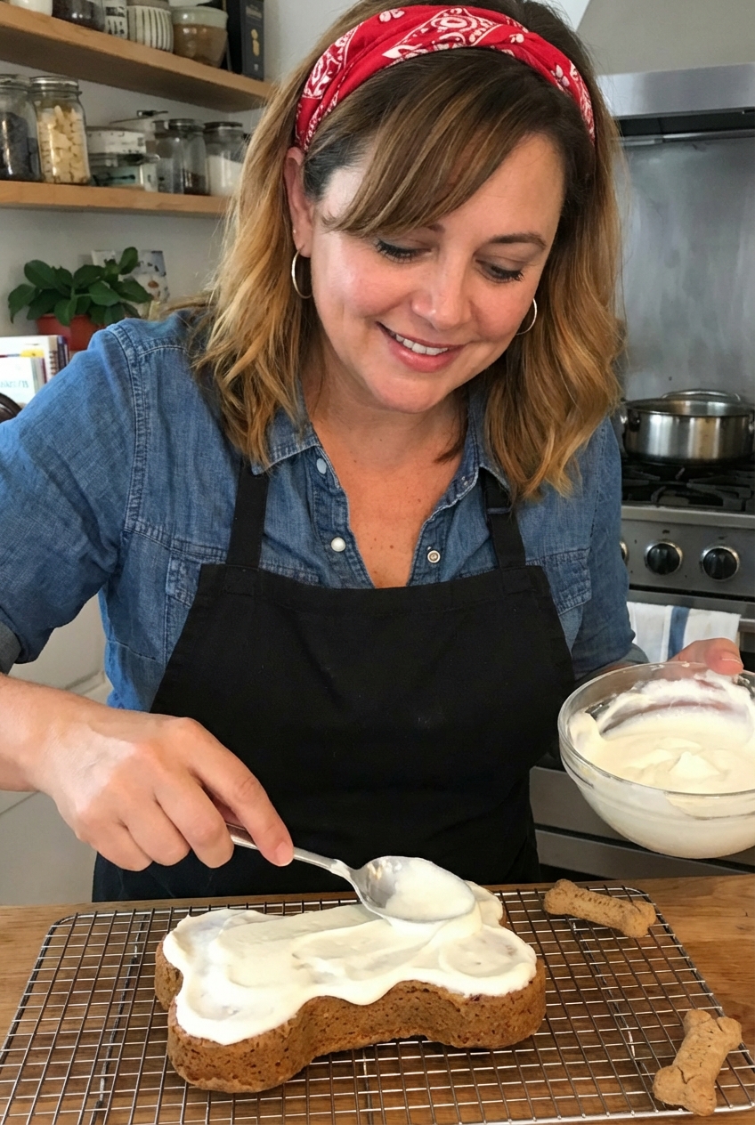 A small frosted dog cake on a cooling rack with a spoon spreading yogurt frosting
