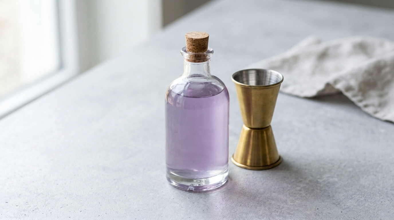 A small glass bottle filled with a pale purple pre-batched cocktail base next to a jigger on a kitchen counter