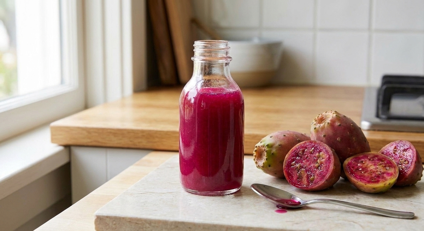 A small glass bottle of bright magenta prickly pear syrup on a light stone kitchen counter with a spoon and fresh prickly pears nearby