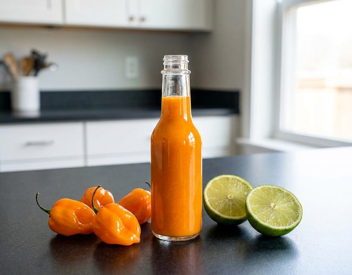 A small glass bottle of orange habanero hot sauce on a clean kitchen counter beside halved limes and whole habanero peppers, natural window light