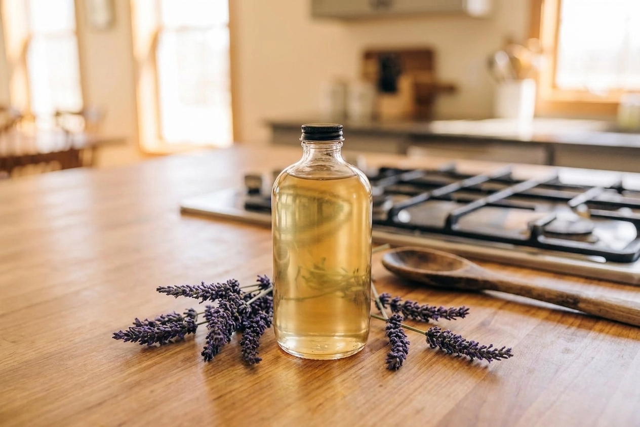 A small glass bottle of pale golden lavender syrup on a light kitchen counter with a few fresh lavender sprigs nearby, soft natural window light
