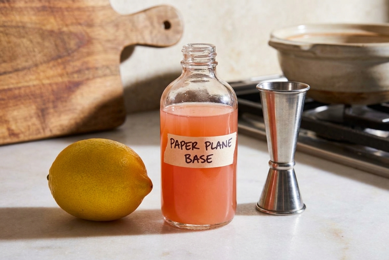 A small glass bottle of pre-mixed Paper Plane cocktail base on a kitchen counter next to a lemon and a jigger