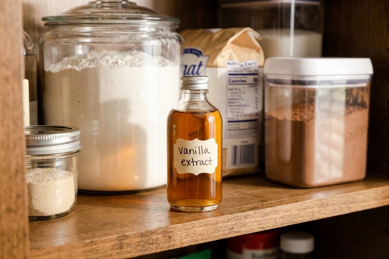 A small glass bottle of vanilla extract sitting on a pantry shelf with other baking staples in soft warm light
