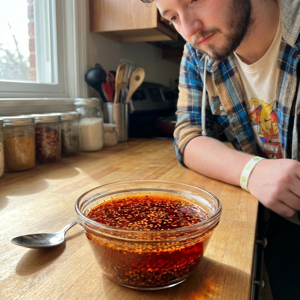 A small glass bowl of bright red Sichuan chili oil with visible chili flakes and sesame seeds, sitting on a kitchen counter next to a spoon, photographed in natural window light