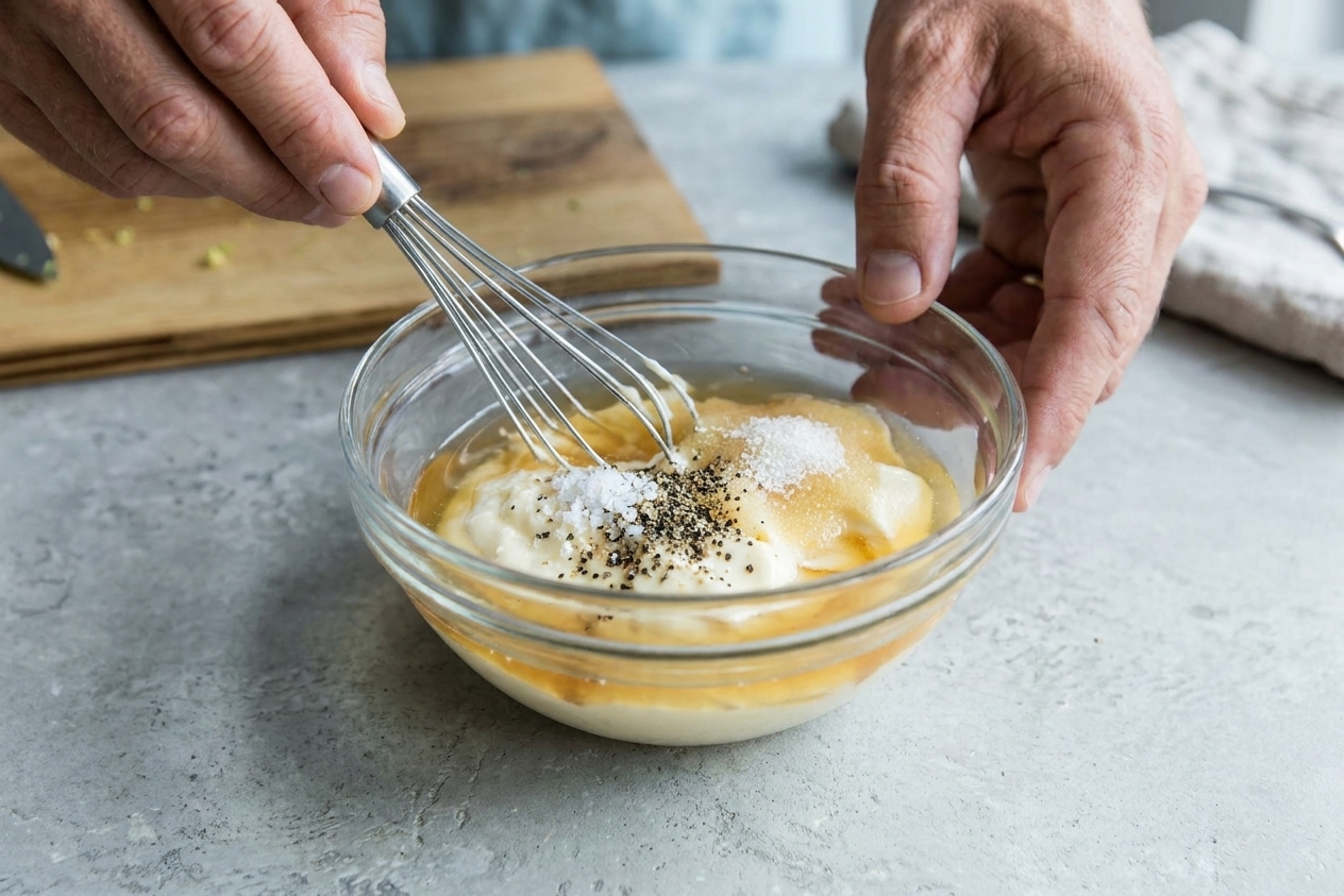 A small glass bowl of creamy mayonnaise and apple cider vinegar dressing with salt, pepper, and sugar ready to whisk on a kitchen counter