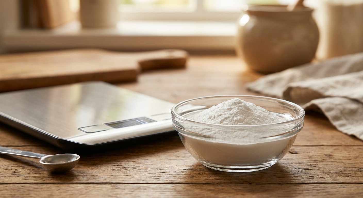 A small glass bowl of fine white niacinamide powder on a kitchen counter next to a digital scale and measuring spoon