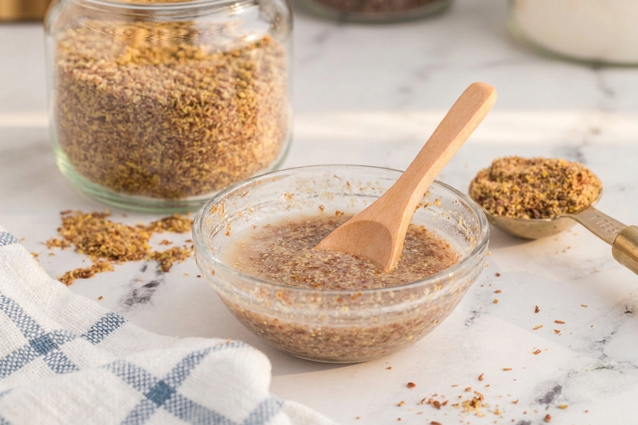 A small glass bowl of gelled flax egg mixture on a kitchen counter beside a spoon and a jar of ground flaxseed, warm natural light