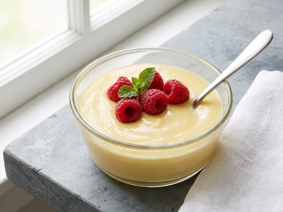 A small glass bowl of glossy vanilla custard topped with a few fresh raspberries on a light stone countertop with soft window light