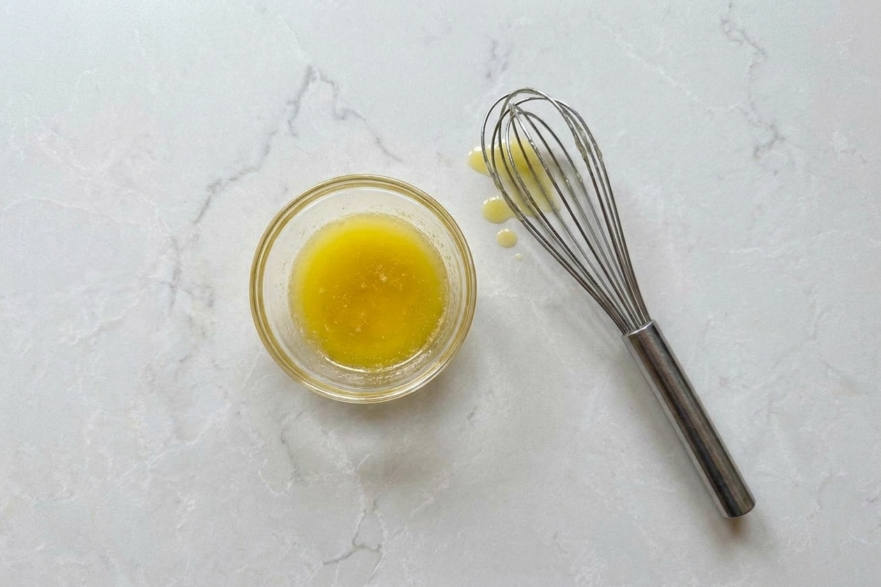 A small glass bowl of melted butter on a countertop next to a whisk