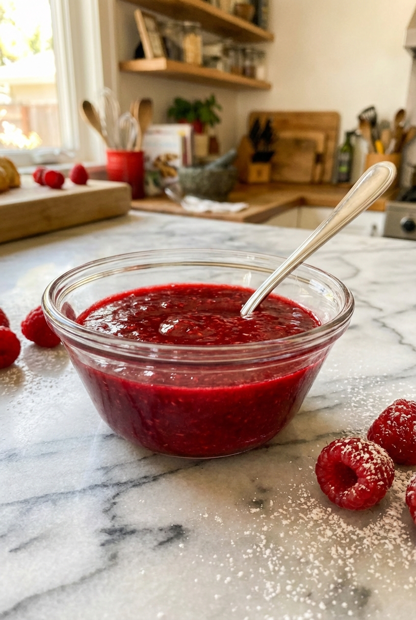 A small glass bowl of raspberry sauce with a spoon on a marble surface