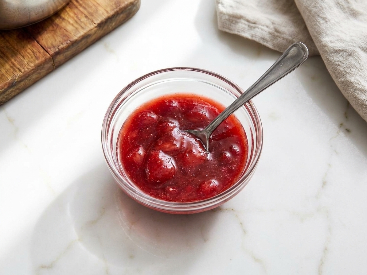 A small glass bowl of strawberry sauce with a spoon beside it on a clean kitchen counter, soft natural light
