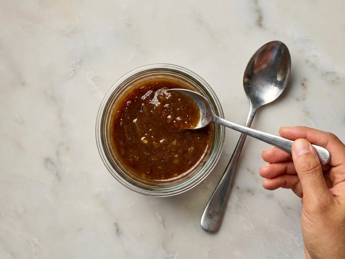 A small glass container filled with brown pan sauce sitting on a kitchen counter next to a spoon