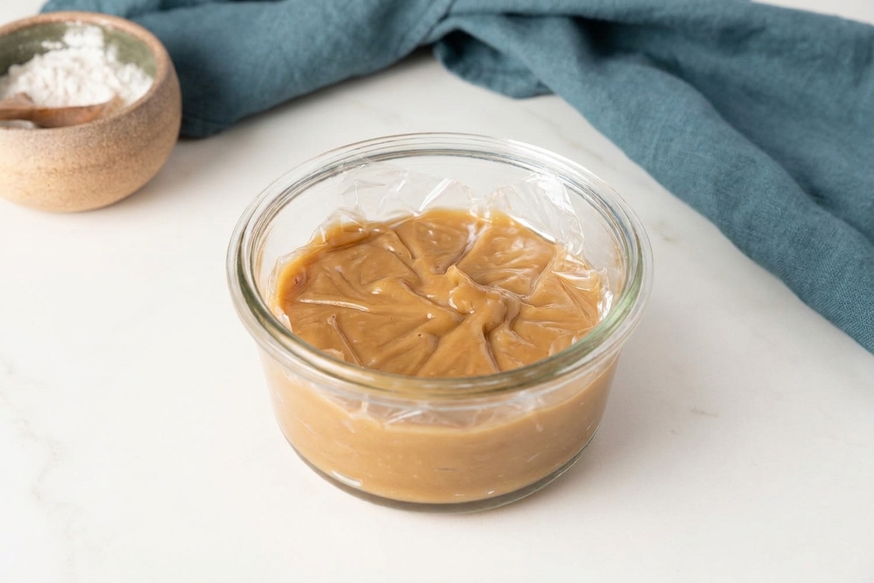 A small glass container filled with cooled vanilla binder paste with plastic wrap pressed on the surface, ready to refrigerate