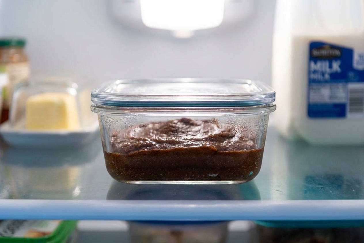 A small glass container with a lid holding cinnamon roll filling stored in the refrigerator