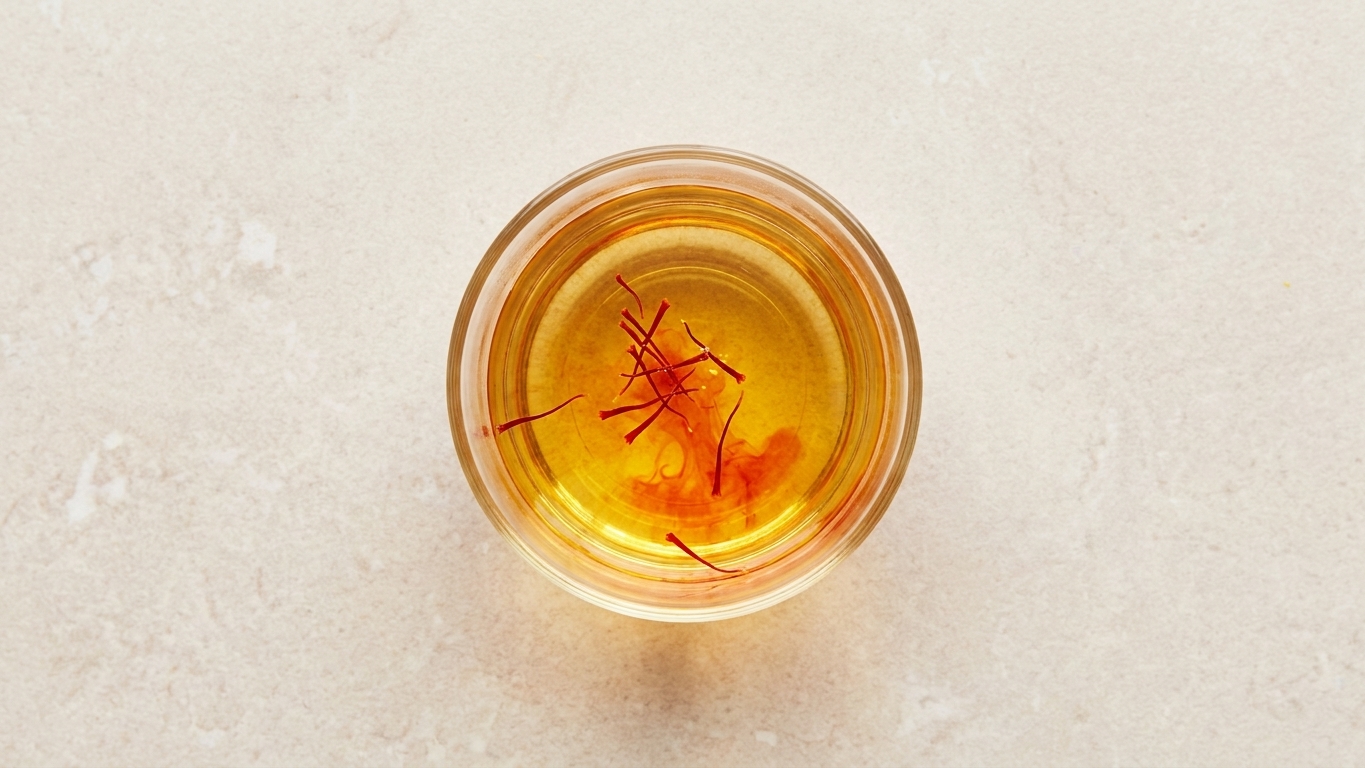A small glass cup with saffron threads steeping in hot water, turning golden on a light stone countertop