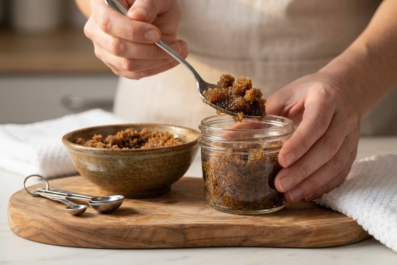A small glass jar being filled with brown sugar scrub using a spoon, with a towel and measuring spoons nearby