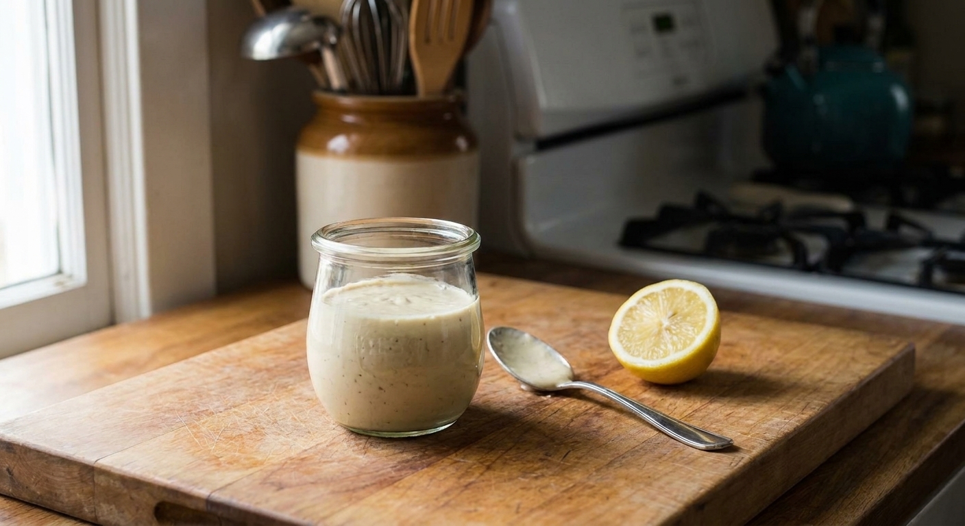 A small glass jar filled with Caesar dressing on a kitchen counter with a spoon and lemon half nearby