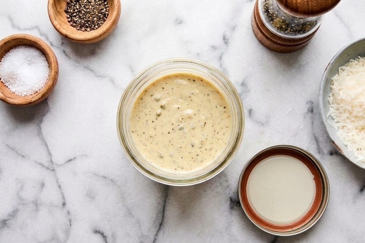 A small glass jar filled with Caesar dressing with the lid resting nearby