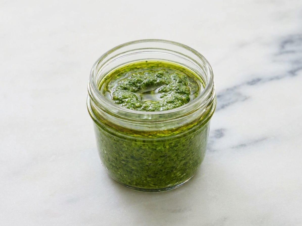 A small glass jar filled with basil pesto with a thin layer of olive oil on top sitting on a clean kitchen counter