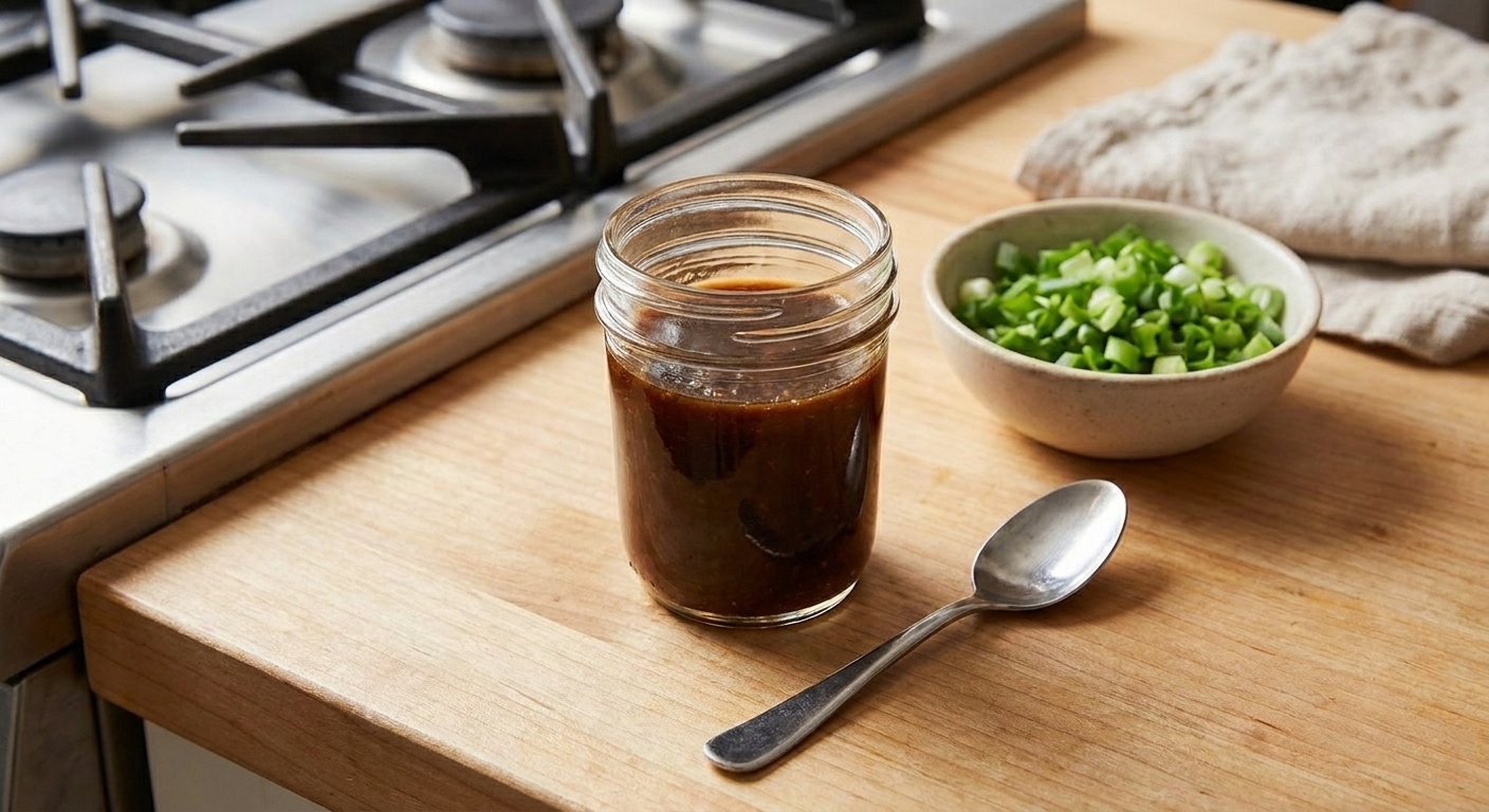 A small glass jar filled with brown lo mein sauce on a kitchen counter beside a spoon and sliced scallions