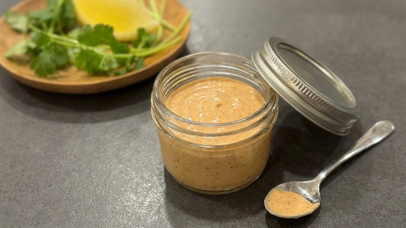 A small glass jar filled with chipotle mayo, lid off, sitting on a kitchen counter with a spoon nearby