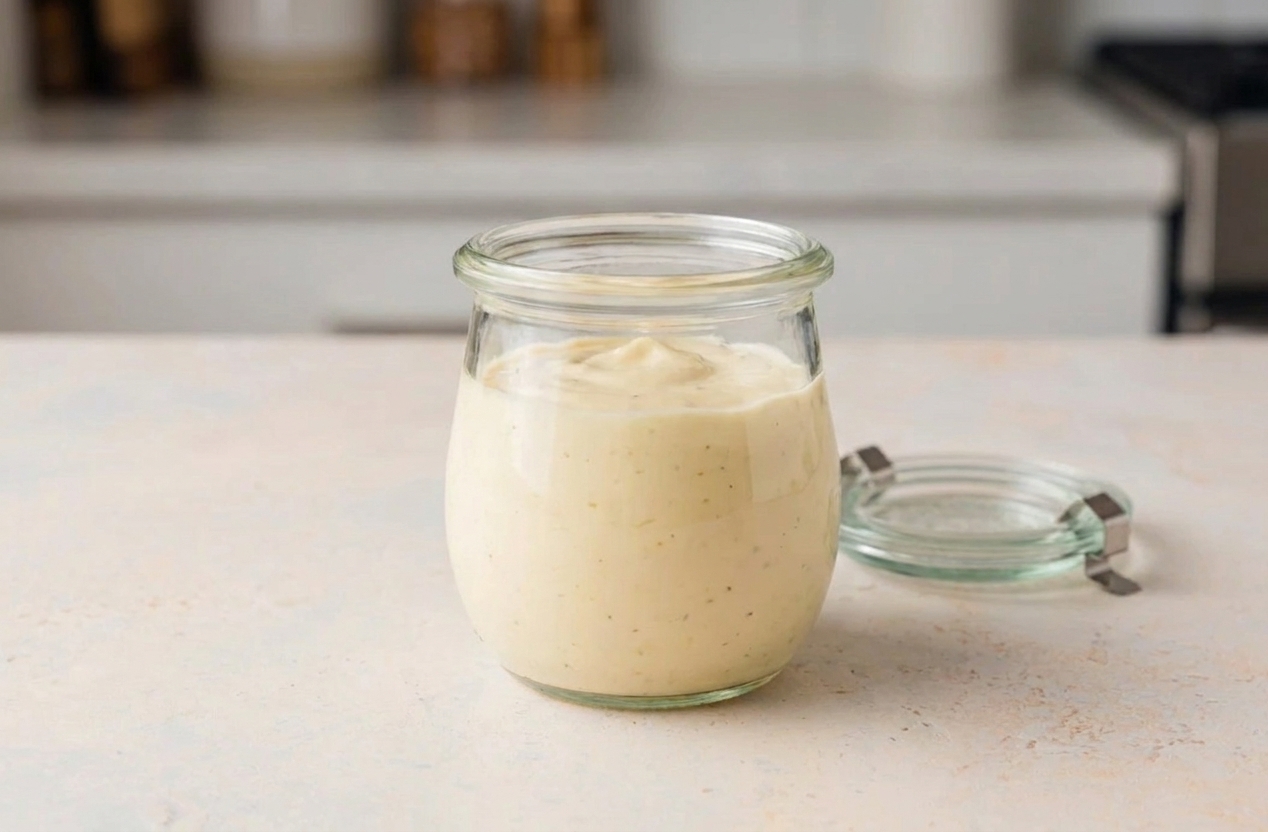 A small glass jar filled with creamy Kewpie mayo sauce with a lid beside it on a clean kitchen counter